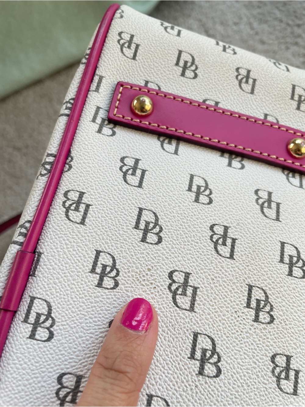 Dooney Bourke White Monogram Shoulder Bag with Pink Trim - Gretta Twist Strap - Picture 17 of 17